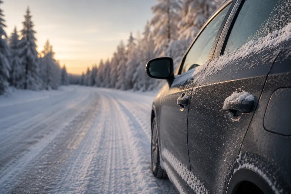 Voiture circulant sur une route enneigée en hiver