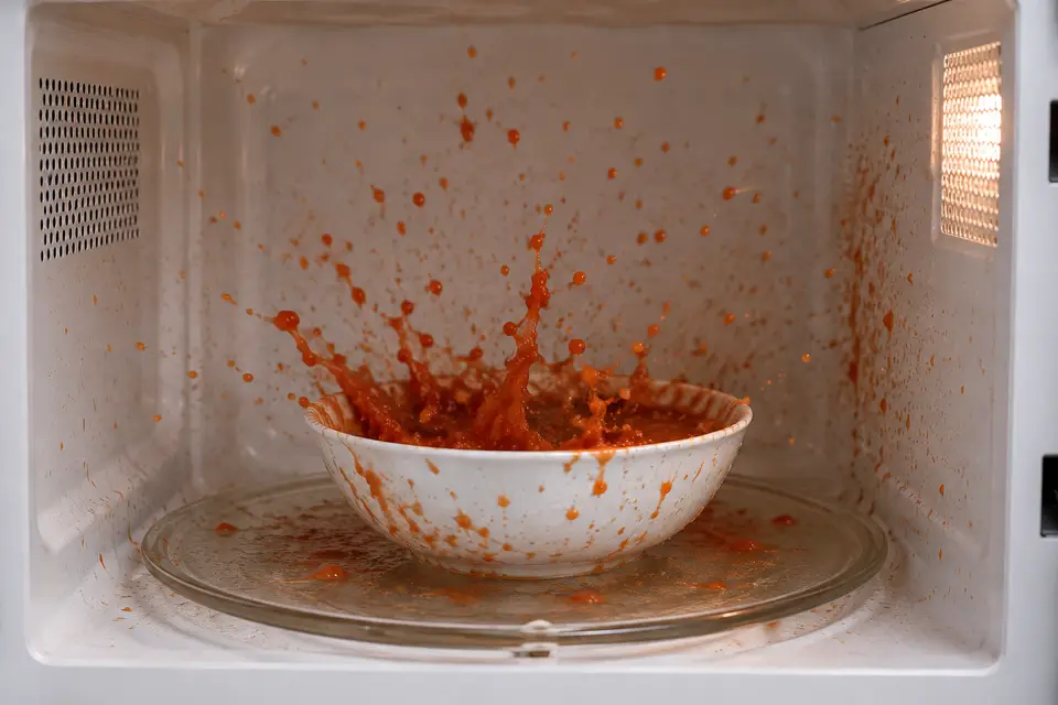 Sauce projetée dans un micro-ondes après éclatement pendant le chauffage