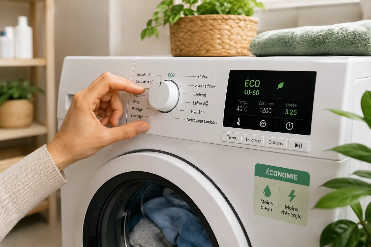 Personne sélectionnant le programme Éco 40-60 sur un lave-linge