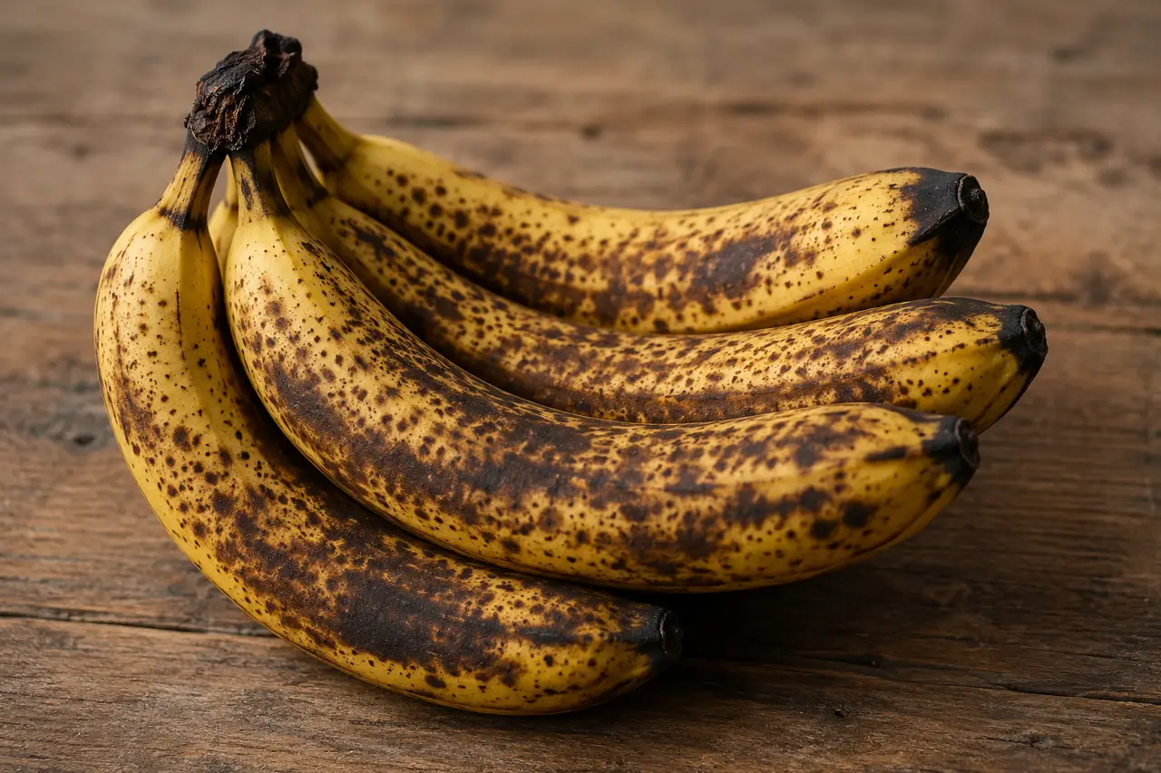 Bananes mûres avec nombreuses taches brunes sur la peau