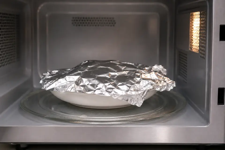 Plat recouvert de papier aluminium placé dans un four à micro-ondes