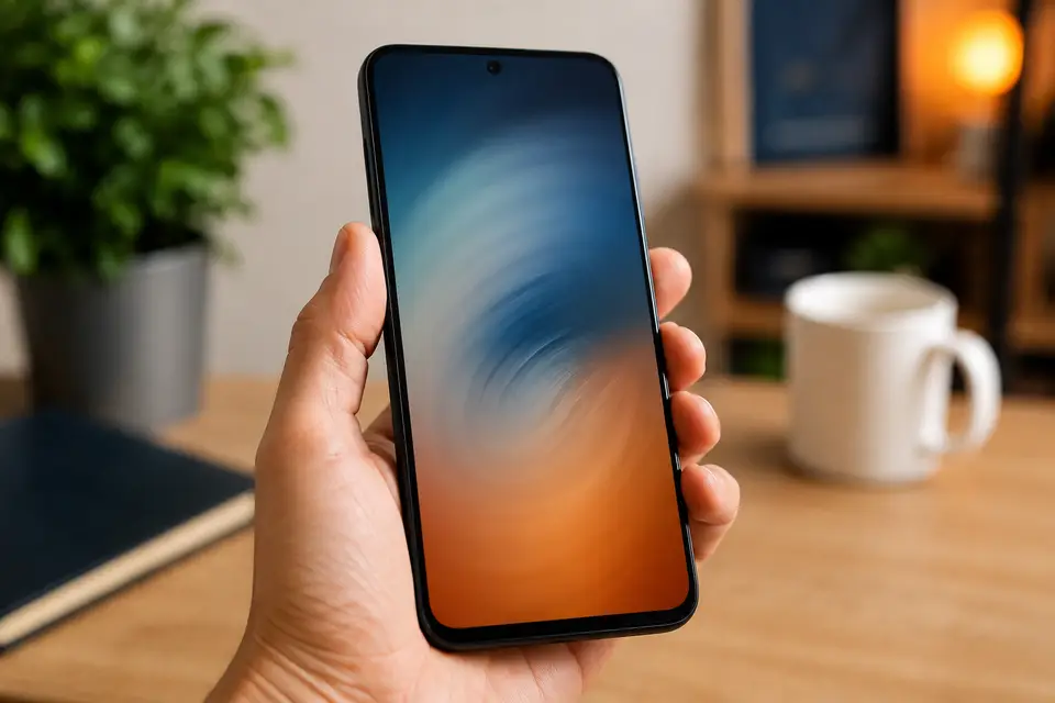 Smartphone tenu en main avec écran flou illustrant un téléphone devenu lent