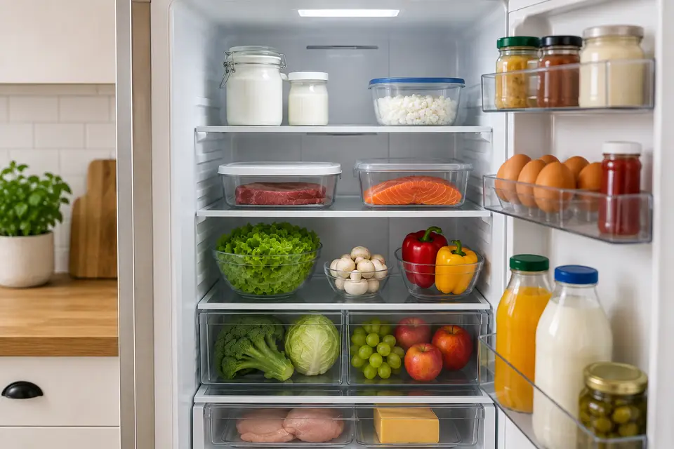Réfrigérateur ouvert avec aliments rangés dans les différentes zones de froid