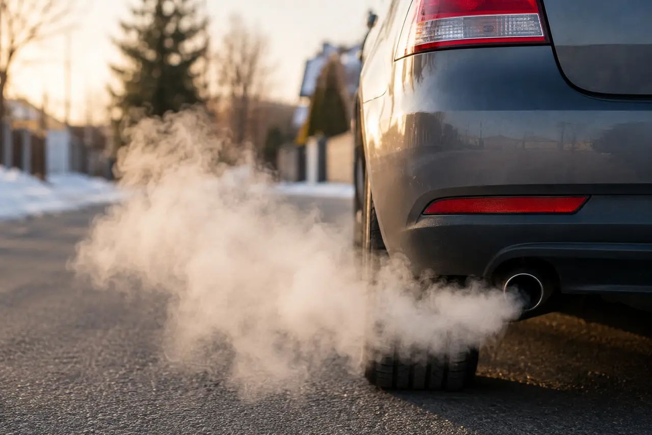 Fumée blanche sortant de l’échappement d’une voiture au démarrage par temps froid