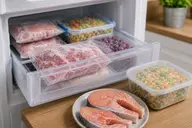 Aliments congelés dans un tiroir de congélateur avec viande poisson et légumes