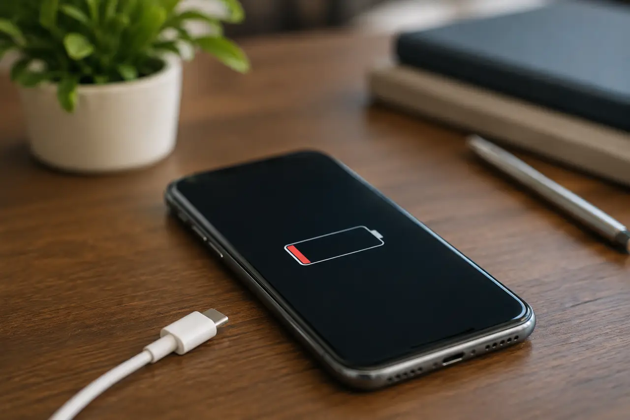 Smartphone avec batterie presque vide et chargeur débranché