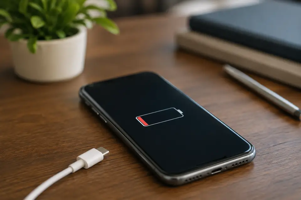 Smartphone avec batterie presque vide et chargeur débranché