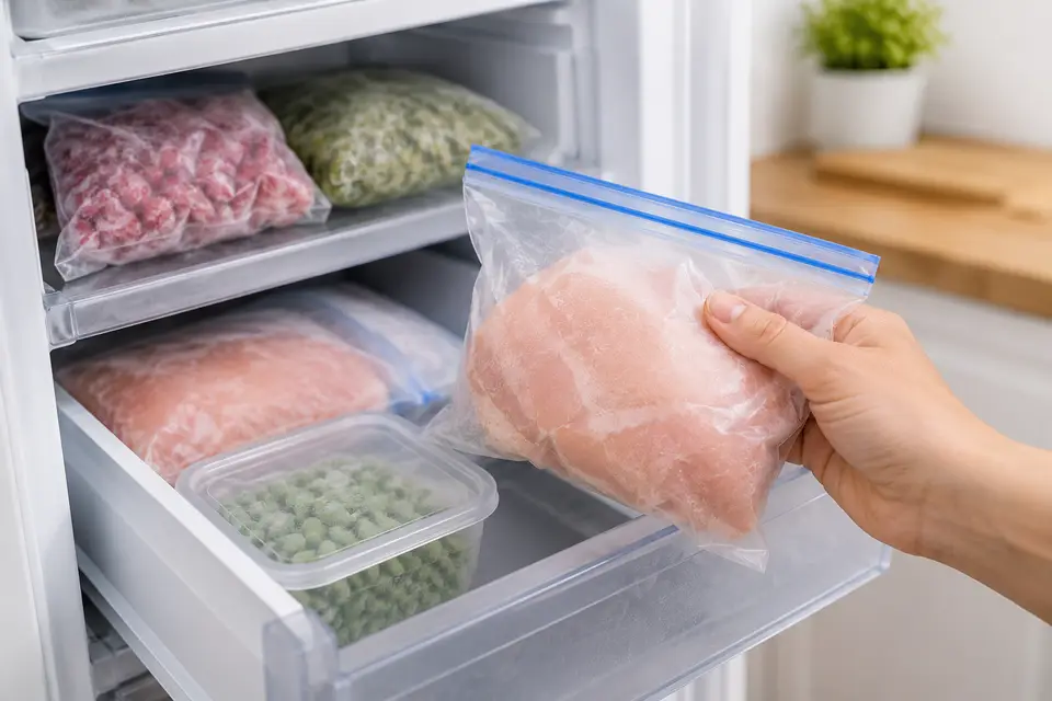 Main tenant un sac de viande congelée devant un tiroir de congélateur