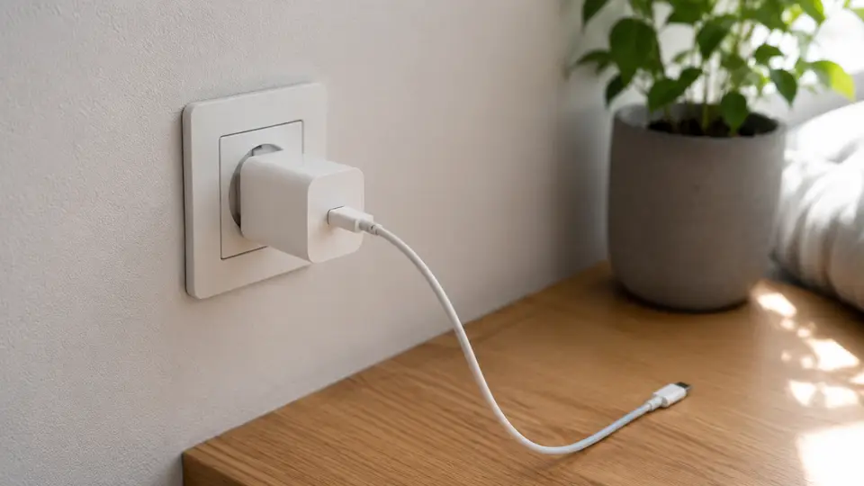 Chargeur de téléphone blanc branché sur une prise murale sans smartphone connecté