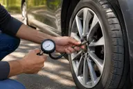 Vérification de la pression d’un pneu de voiture avec un manomètre