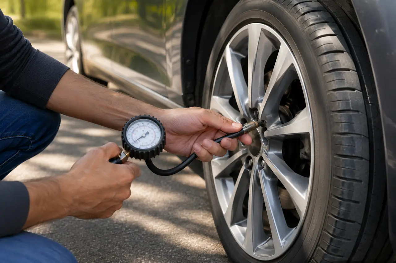 Vérification de la pression d’un pneu de voiture avec un manomètre