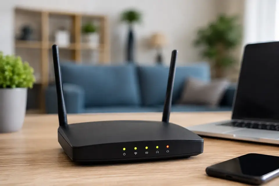 Routeur Wi-Fi posé sur une table à côté d’un ordinateur portable et d’un smartphone
