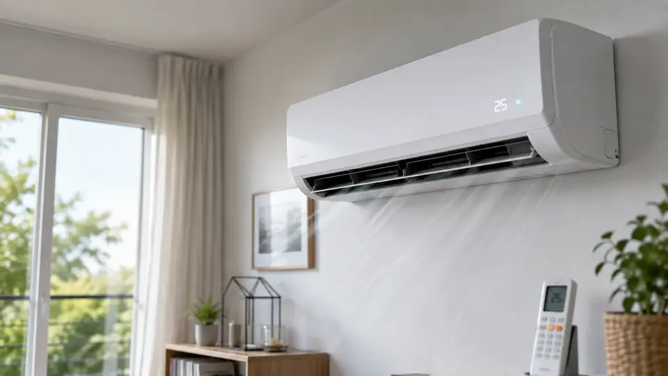 Climatisation murale en fonctionnement dans un salon lumineux pendant une journée d’été