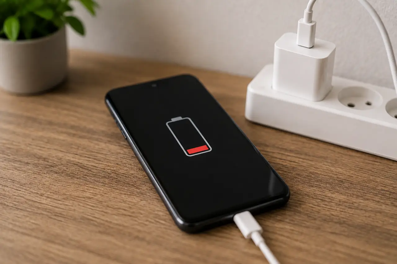 Smartphone branché à un chargeur avec batterie presque vide