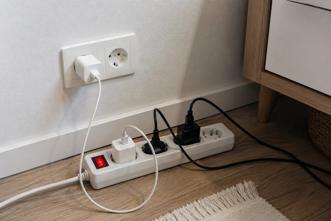 Multiprise avec plusieurs appareils électriques branchés dans une pièce de la maison