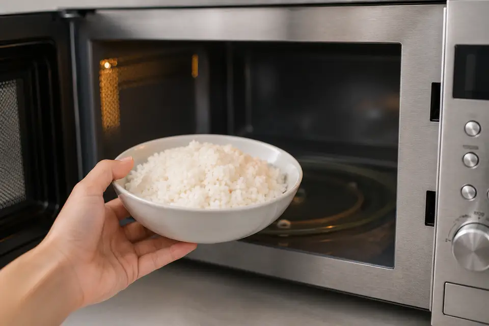 Bol de riz cuit placé dans un micro-ondes pour être réchauffé