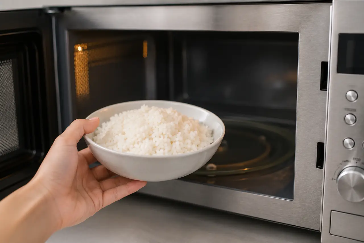 Bol de riz cuit placé dans un micro-ondes pour être réchauffé