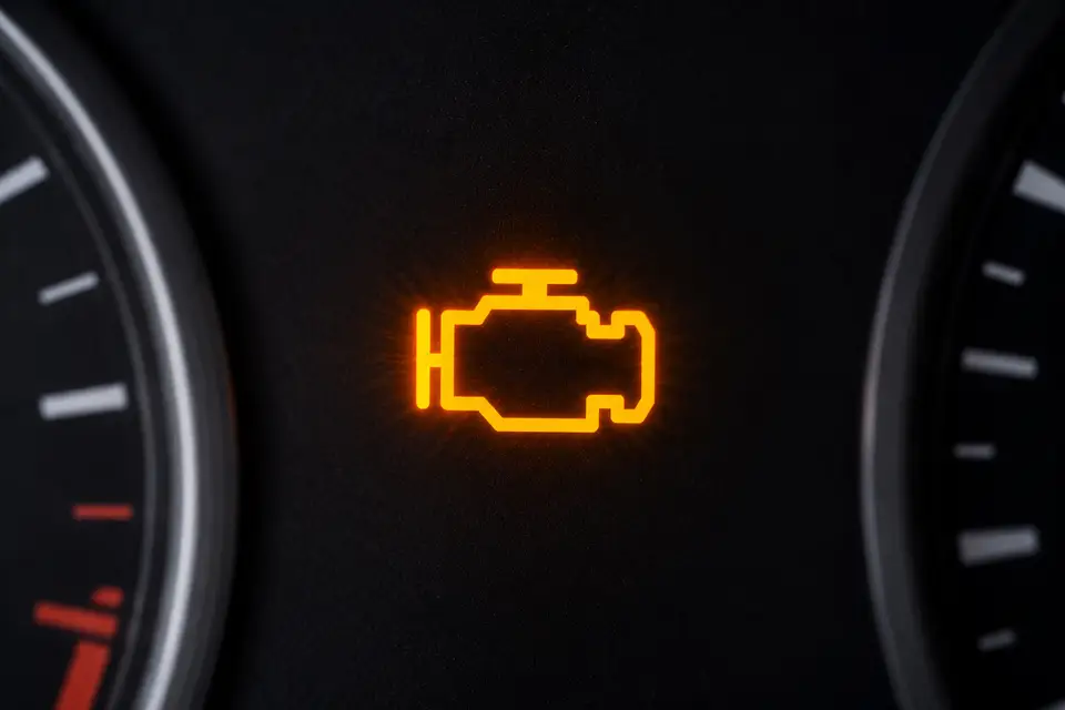 Voyant moteur orange clignotant sur le tableau de bord d’une voiture