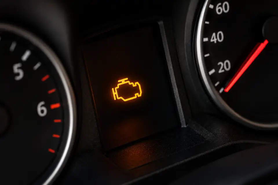 Voyant moteur orange allumé sur le tableau de bord d’une voiture