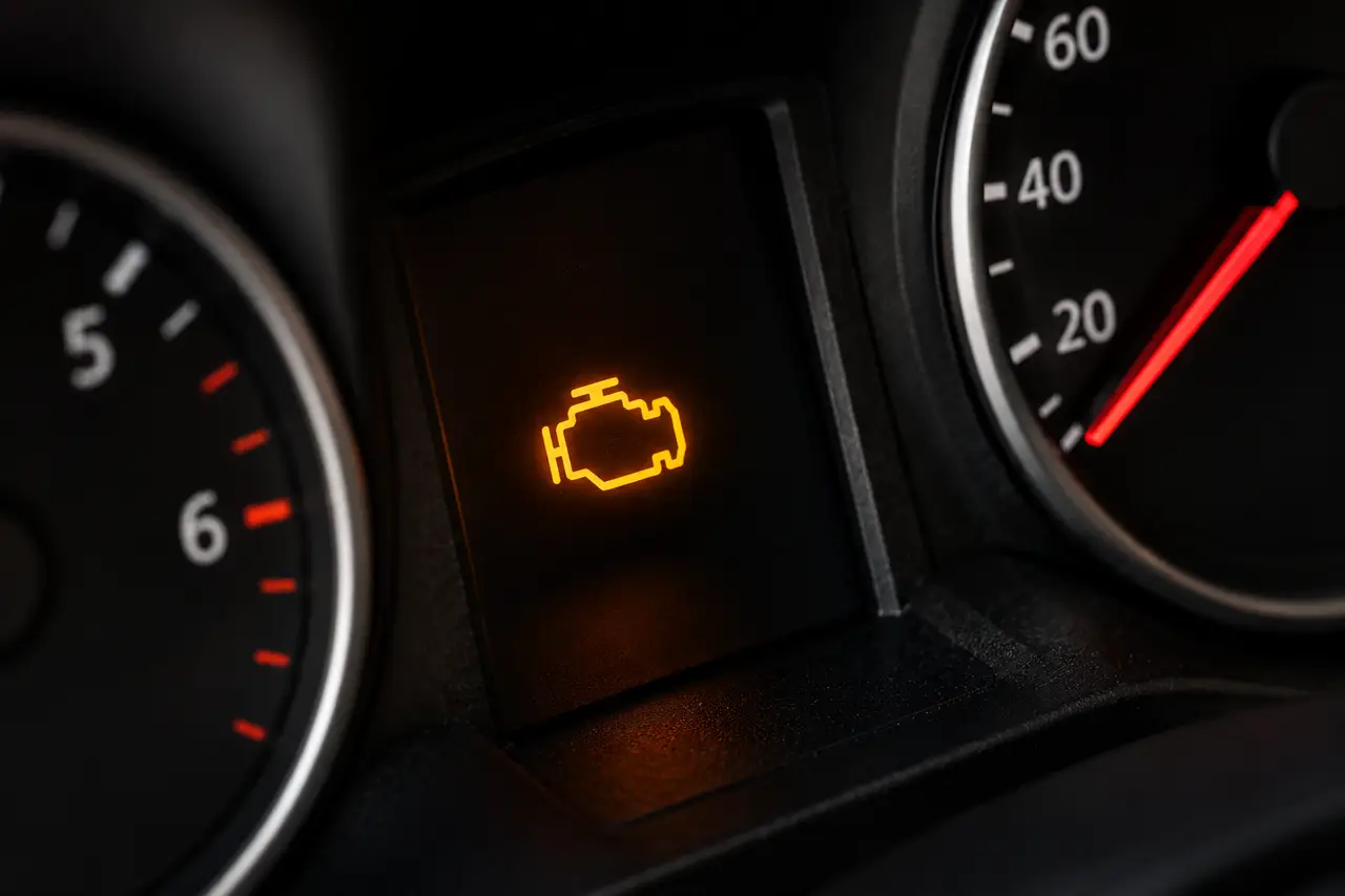 Voyant moteur orange allumé sur le tableau de bord d’une voiture