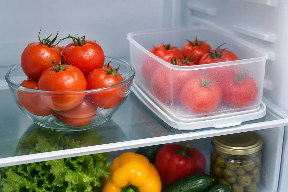 Tomates mûres conservées dans un réfrigérateur