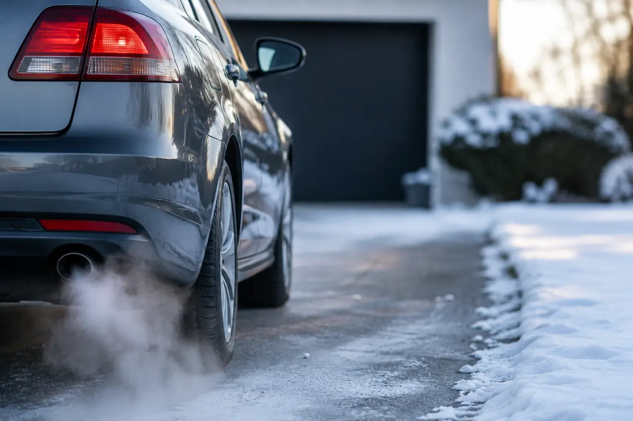 Voiture thermique au démarrage par temps froid avec vapeur à l’échappement