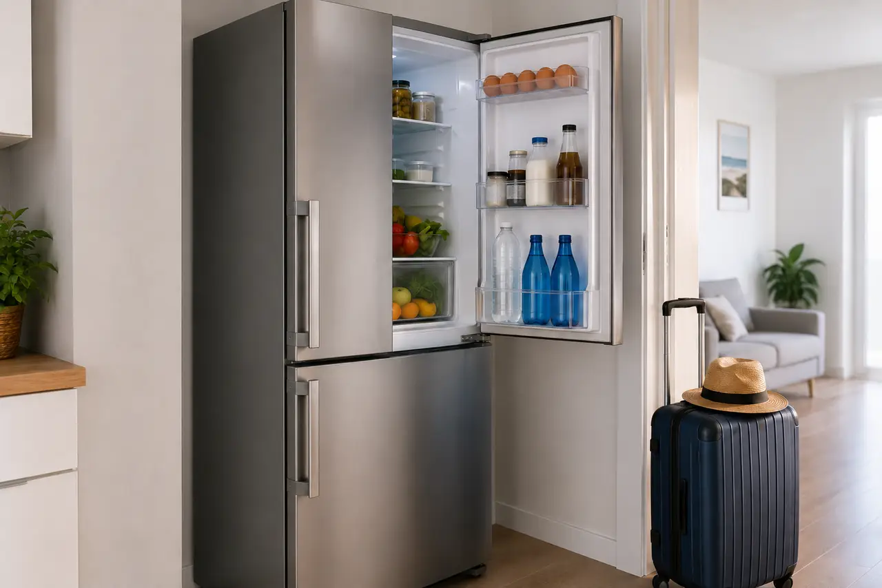 Réfrigérateur ouvert dans une cuisine avec valise prête pour un départ en vacances