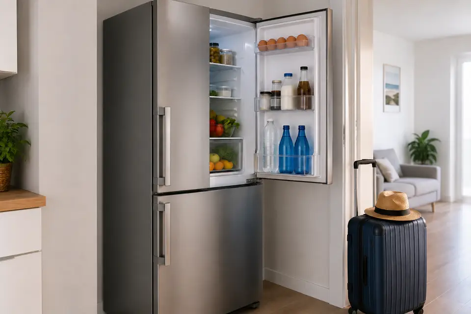 Réfrigérateur ouvert dans une cuisine avec valise prête pour un départ en vacances