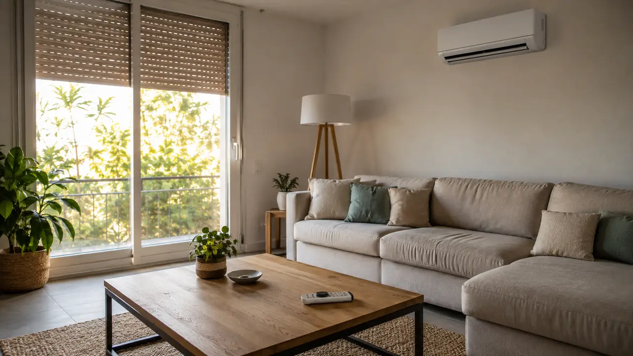 Climatisation murale dans un salon aux volets fermés pendant une journée chaude