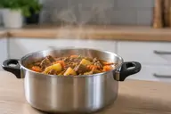 Plat cuisiné encore chaud refroidissant dans une casserole sur un plan de travail