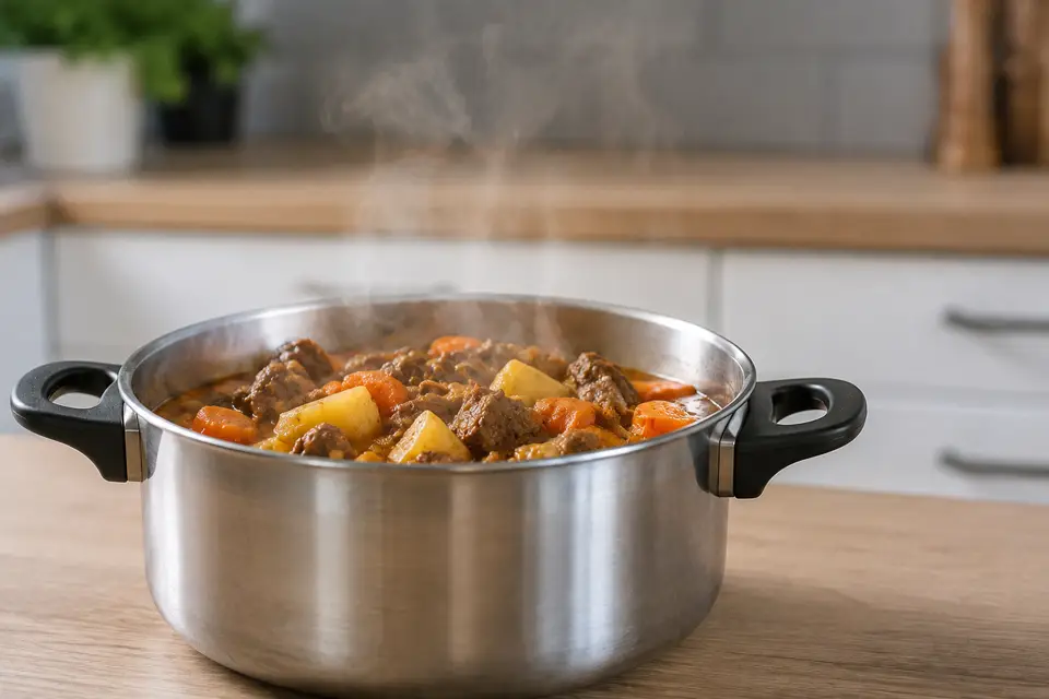 Plat cuisiné encore chaud refroidissant dans une casserole sur un plan de travail