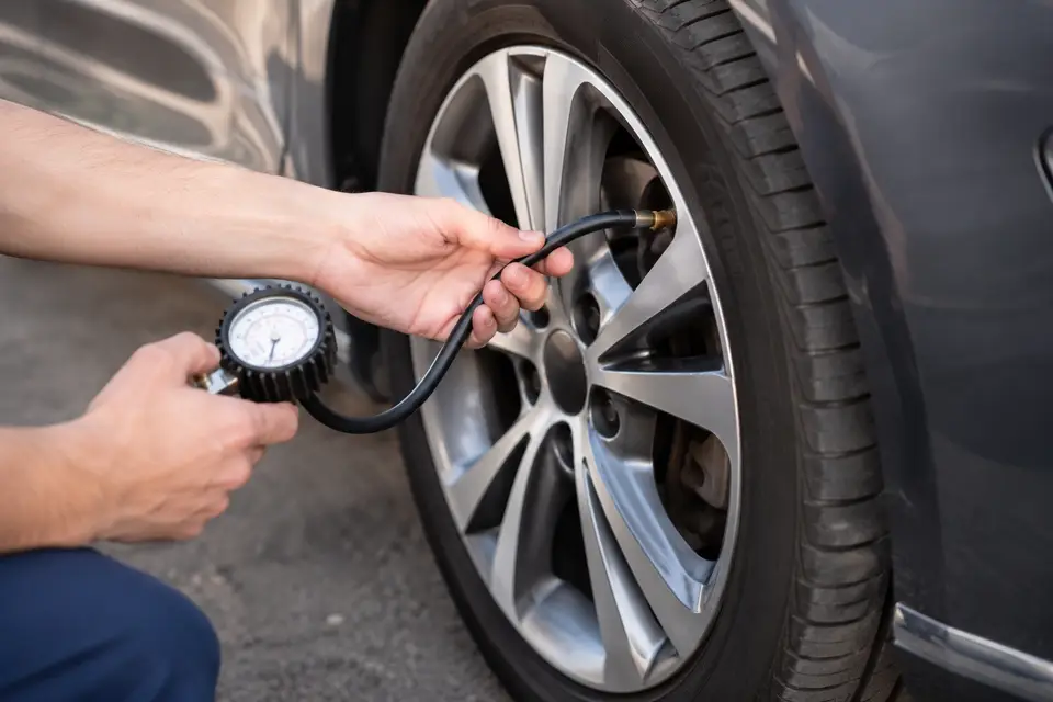 Contrôle de la pression d’un pneu de voiture avec un manomètre