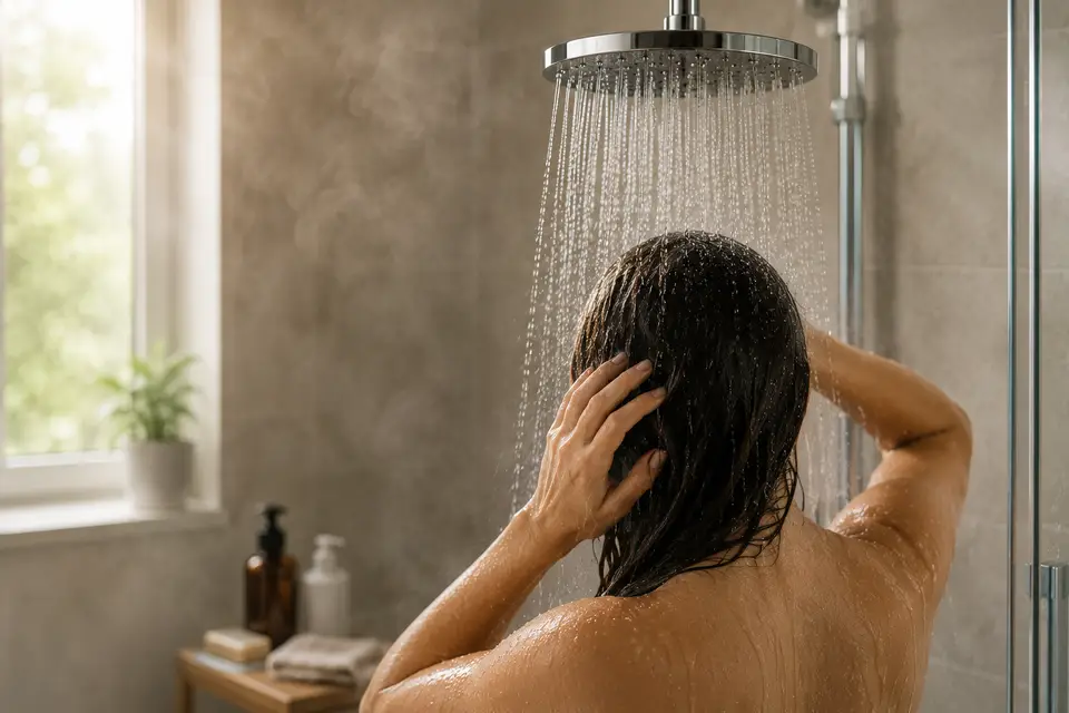 Personne prenant une douche sous un pommeau de douche dans une salle de bain