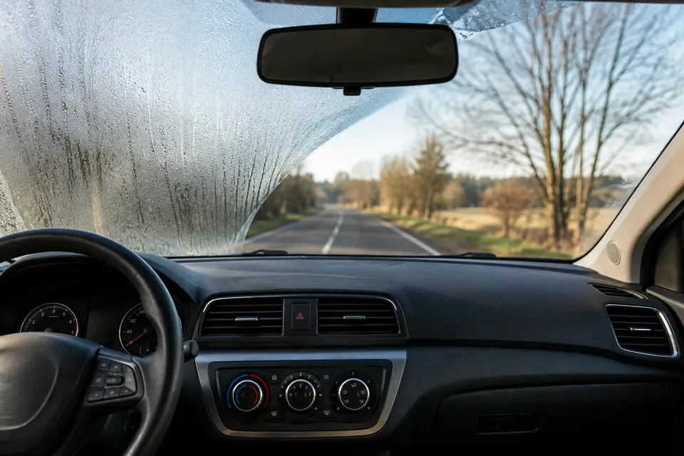 Pare-brise de voiture en cours de désembuage avec une zone redevenue nette