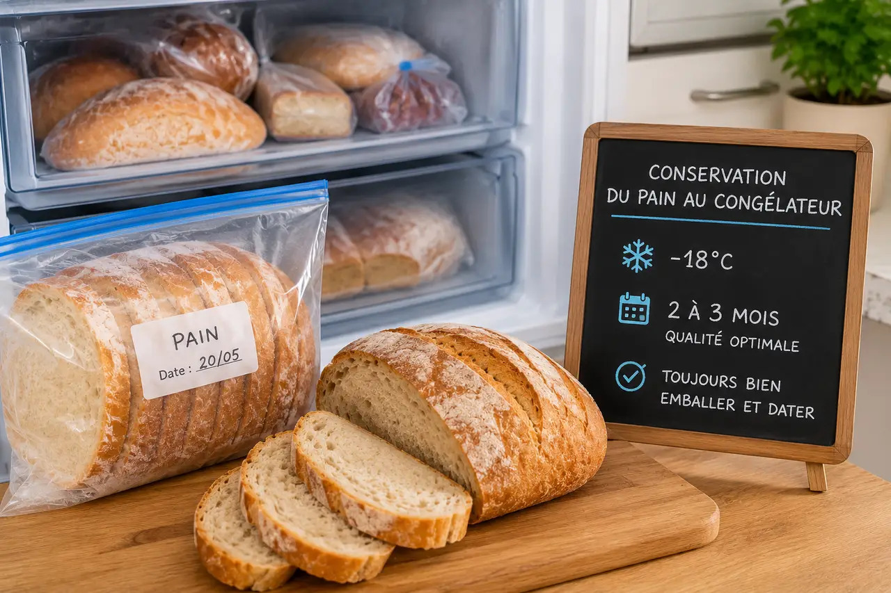 Pain emballé et conservé dans un congélateur à côté de tranches de pain
